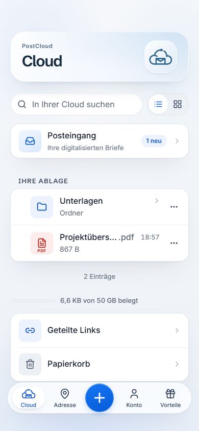PostCloud-Demo: Cloud mit einem Beispielordner, einer Projektübersicht und dem Zugang zum Posteingang.