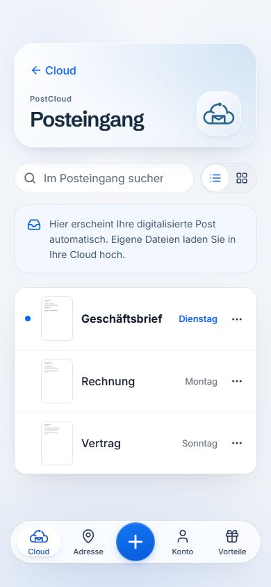 PostCloud-Demo: Posteingang mit drei Beispielbriefen und einer Suchfunktion.